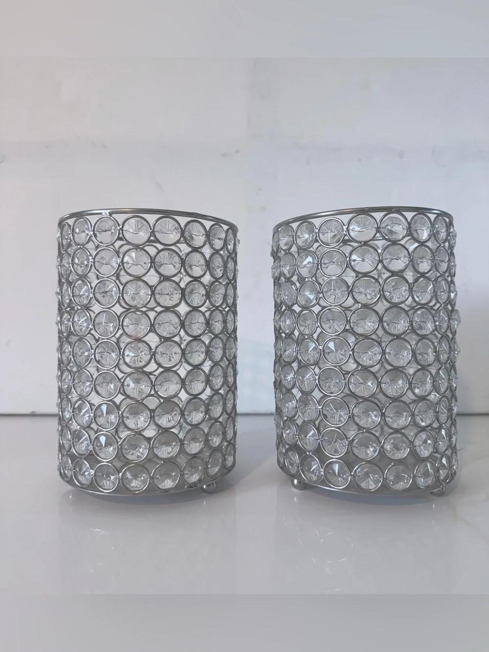 Home Essentials Clear Crystal Mesh Silver Candle Holders 7 Inches - Set of 2